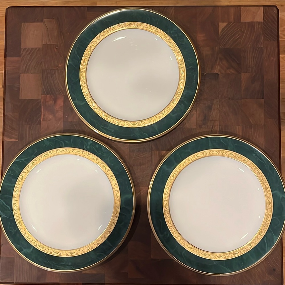 3 Noritake Fitzgerald NWT salad plates. Bone china. 8 1/2”. green, gold, cream